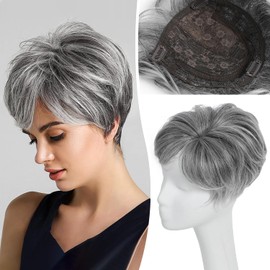 PORSMEER Hair Topper 6.8" x 7" Pixie Cut Short Hair Toppers for Women Fluffy Synthetic Hair Topper Clip in Top Wavy Hair Pieces Silver Blonde Replacement Wiglets (Silver gray with dark root)
