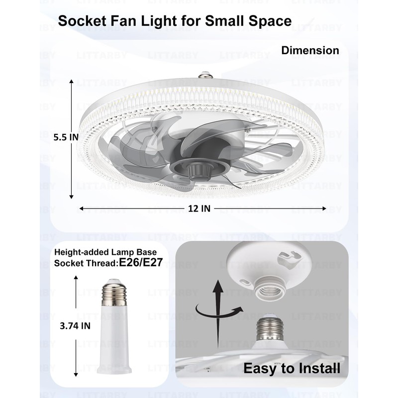 Ceiling Fans with Lights, Socket Fan Light with Remote Control,