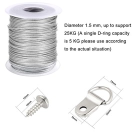 TUPARKA 1.5mm x 30m Picture Frame Hanging Wire 304 Stainless Steel Wire Spool with 30pcs Aluminum Crimping Loop and 15 Sets D-Ring Hangers (up to 55lbs)