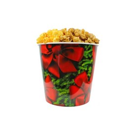 Signature Popcorn, Gourmet Popcorn - 1-Gallon Holidays Red Bow Reusable Plastic Tin, 2 Flavors - Half Caramel and Half Cheddar