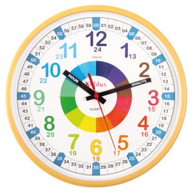 Kiddus Wall Clock for Boys and Girls. Silent Analogue Time Teacher with Exercises. Easy to Read and Learn the Time. 30cm diameter XL Wood color