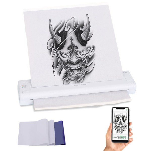 YTATTOO Cordless Tattoo Stencil Printer - Rechargeable Inkless Tattoo Printer- 2023 Mini Tattoo Stencils with 15pcs Tattoo Transfer Paper for Temporary and Permanent,Compatible with iOS Phone… (Blanco)