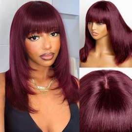 Starmo Bob Wig with Bangs Human Hair Wigs Glueless Wigs 99j Color Straight Layered Bob Wigs with Bangs 4x2 Transparent Lace Wigs Wine Red Wigs for Women 14 Inch