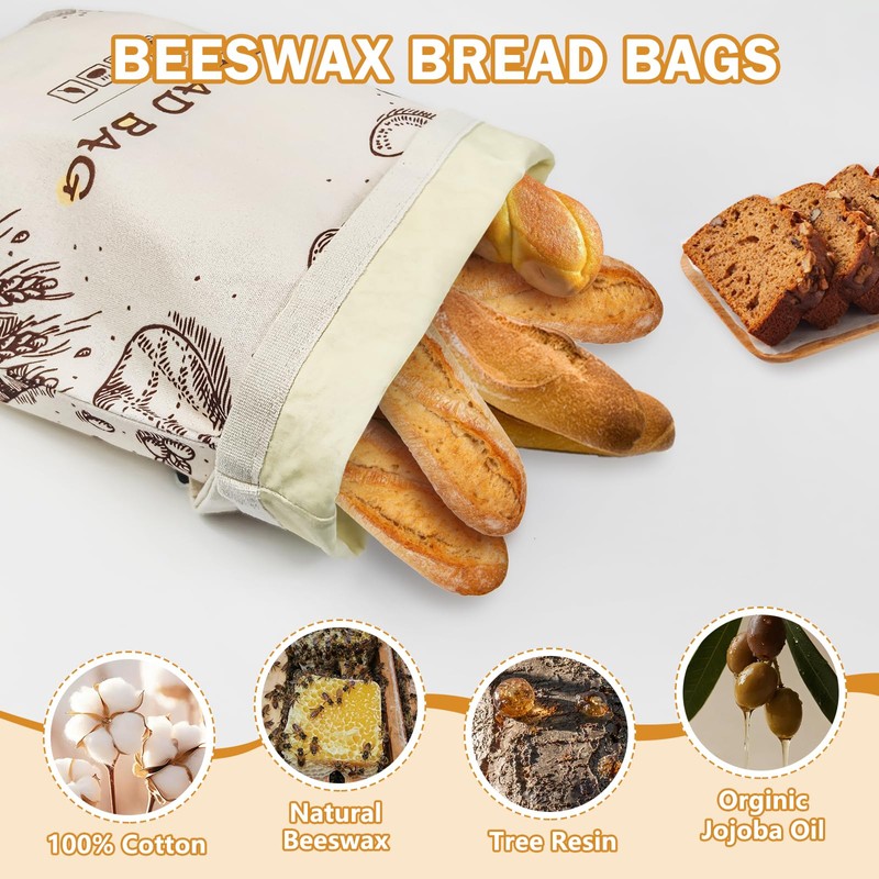 Beeswax Bread Bags for Homemade Bread, 2-Pack Reusable Sourdough Bread