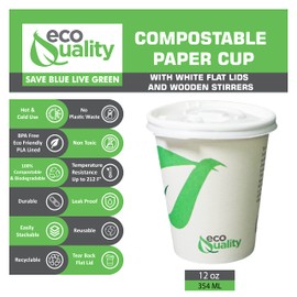 12 oz Compostable Paper Cups with White Flat Lids and Wooden Stirrers - Biodegradable Disposable White Paper Coffee Cups PLA Lined - Eco-friendly Hot and Cold Drinking Cups (150)