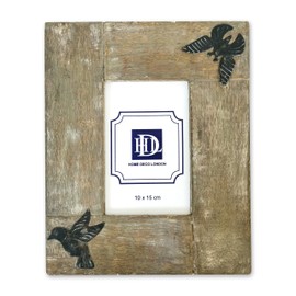 Home Deco London Rustic Wooden Photo Frame Holds 10x15cm/6 x 4inch Picture in Natural Mango Wood Ideal for Weddings Birthday Anniversaries (Metal Wildlife)