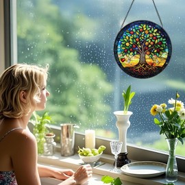 Impresionantes atrapasoles de 20 cm para ventanas con adornos decorativos pintados a mano resistentes a la decoloración, capturan la luz del sol para crear un ambiente vibrante (árbol de la vida)