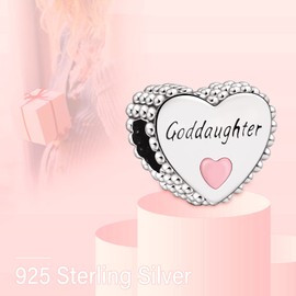 EZ Tuxedo Goddaughter Heart Charms 925 Sterling Silver Bead with Pink Enamel for Bracelets