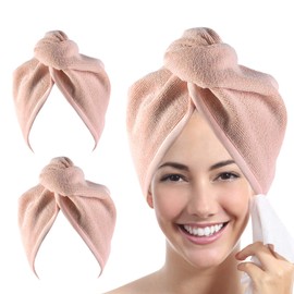 YoulerTex Microfiber Hair Towel Wrap for Women, 2 Pack 10 inch X 26 inch, Super Absorbent Quick Dry Hair Turban for Drying Curly, Long & Thick Hair (Peachy Beige)