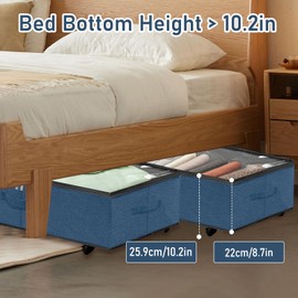 KaloKalo 2PCS Under Bed Storage Bins with Wheels Clear Lids 10 inches High Fabric Underbed Storage Containers Boxes Baskets 57L Extra Large Rolling Organizers Drawers for Clothes Sheets (Deep Blue)