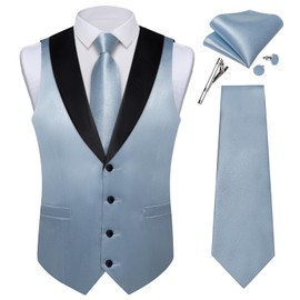 DiBanGu Dusty Blue Mens Vest Solid Color Satin Suit Waistcoat Tie and Pocket Square Set Formal Shawl Lapel Dress Vest for Wedding Business
