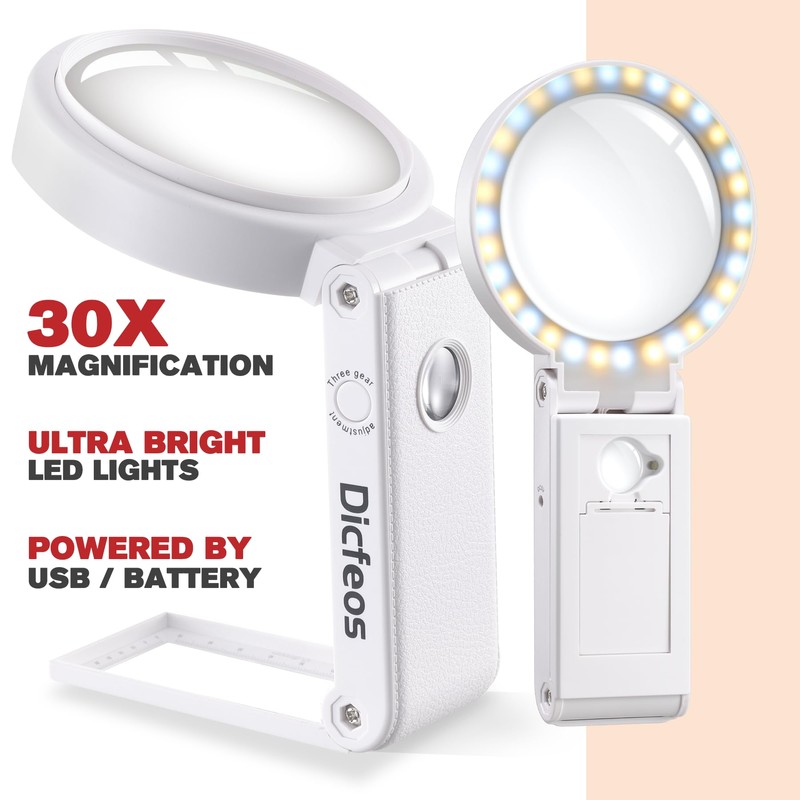 Dicfeos 30X 40X Magnifying Glass with Light and Stand, Folding