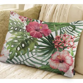 EKOBLA Watercolor Floral Decorative Square Throw Pillow Covers Hawaii Palm Tree Hibiscus Farmhouse Oblong Rectangle Cushion Cover Pillowcases Cotton Linen Cushion Cover 12x20 Inches