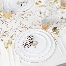 EcoQuality Disposable Hanukkah Tablecloth - Chanukah Themed Party Supplies - Rectangle Plastic Festival Table Cloth 54 x 108 inch White and Gold for Holiday Home Dining Room Kitchen Table Cover (36)