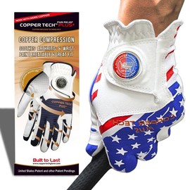 Copper Tech Plus Men's Golf Gloves (1 Pack) - USA Flag Golf Glove with Ball Marker - 100% AAA Synthetic Tacky Leather Golf Glove:_[Right Hand] For Left Handed Golfers_Small