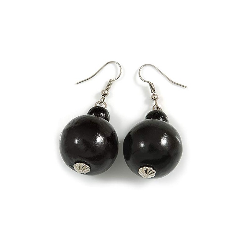 Black Wood Bead Drop Earrings - 50mm Long