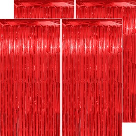 PatiCool Red Tinsel Foil Fringe Curtain Backdrop - Thicken 4 Pack 3.2 x 8.2 FT - Glitter Red Streamers Party Backdrop Decorations for Birthday, Graduation, Valentine's Day, Christmas, Carnival Party