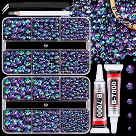 Resin Jelly Rhinestones for Crafting with B7000 Jewelry Glue, 2 Boxes Purplish Black AB Flatback Crystals with 2Pcs 10ml Glue, Bedazzling Non Hotfix Gems for DIY Tumblers Clothing Shoes Manicure