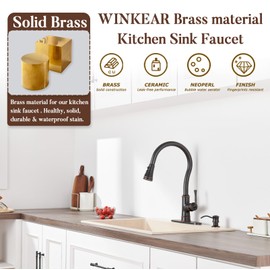 WINKEAR Brass Kitchen Faucet with Pull Down Sprayer, 3 Sprayer Modes High Arc Kitchen Sink Faucet, Roman High Arc, 3 Or 1 Hole with Deck Plate, Easy Install Pre-Install Supply Hose, ORB