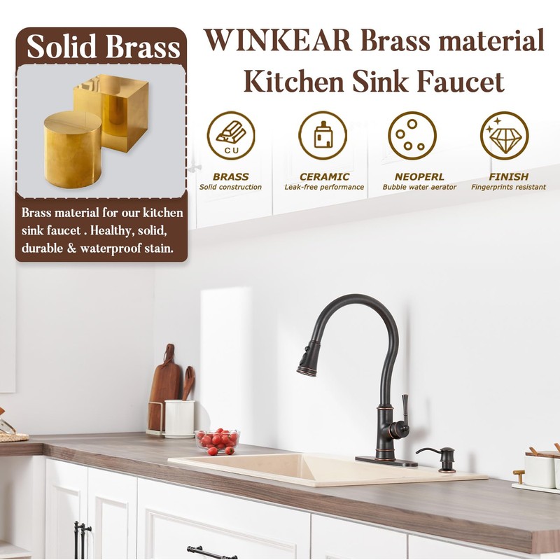 WINKEAR Brass Kitchen Faucet with Pull Down Sprayer, 3 Sprayer