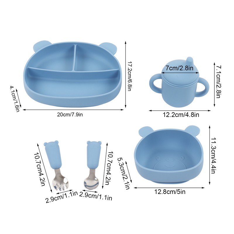 5pcs Baby Feeding Kit Food Grade Silicone Bear Design Plate