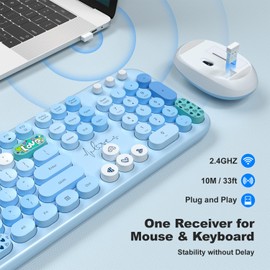 MOFII Wireless Keyboard and Mouse Combo, Full Size 2.4G Plug and Play Typewriter Retro Round Computer Keyboard and Mouse Set for Windows, Computer, Desktop, PC, Notebook - (Blue Colorful)