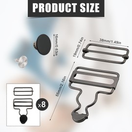 XIHIRCD 8 Sets Metal Overall Buckles, 1-1/2 Inch Overall Clips Clasp Replacement Overall Hooks with Adjustable Slide Buckle and Button Suspender for Bib Pants(Black)