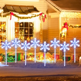 TWINGLEHOME Set of 8 Pre-lit Xmas Snowflake Decoration Stake for Path, Yard, Lawn, Garden, Christmas Snowflake Lights Outdoor Pathway Markers 17" 568LED(4x142LED) Lawn Stake Light,Cool White and Blue