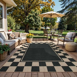 Moynesa Checkered Easy Jute Outdoor Rug 8x10 Area Rugs for Living Room, Black Washable Indoor Outdoor Patio Rug Non Slip, Large Farmhouse Carpet for Bedroom Dining Room Backyard