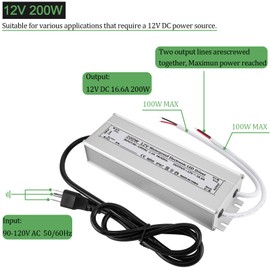 LED Driver 12V 200W Waterproof IP67 12V LED Power Supply Transformer Adapter, 90-120V AC to 12V DC Output, 12V LED Driver with 3-Prong Plug 3.3 Feet Cable for LED Light, Outdoor Light
