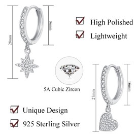 Zolkamery Hoops Earrings for women, 2 Pairs 925 Sterling Silver Huggie Hoop Earrings Set, Hypoallergenic White Zirconia Drop Dangle Earrings, Cartilage Silver Hoop Earrings Hanging with Gift Box