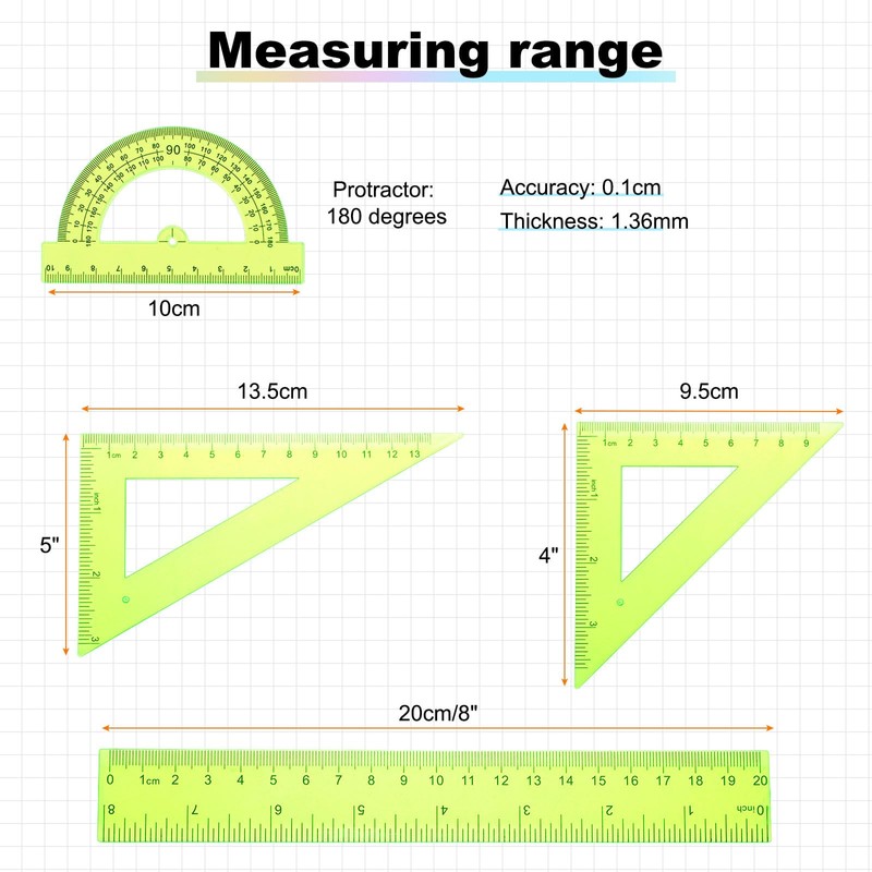 HARFINGTON 4pcs Triangular Ruler Set 20cm Plastic Metric Inch Geometric