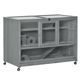 PawHut Wooden Large Hamster Cage with Seesaw and Wheels, Small Animal Cage and Habitat, 3-Tier Hamster Habitat with Ladder, Dark Grey