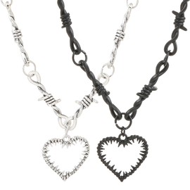 Weenkeey 2 Pcs Gothic Heart Necklaces Thron Heart Pendant Necklace Punk Rock Hip Hop Necklace for Men Women - Black Silver