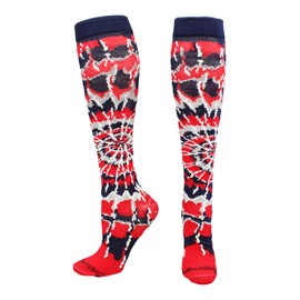 MadSportsStuff Crazy Tie Dye Socks Over the Calf (Navy/Red/White, Small)