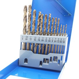 Hymnorq 13-Piece M35 Cobalt Steel Drill Bit Set with Tough Metal Index Case for Metals, Dual Twist Flute, 135° Split Point, Fully Ground, Sizes 1/16" to 1/4" by 1/64" Increments
