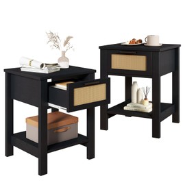 IBUYKE Rattan Nightstand Set of 2, Boho Night Stand with Drawer, Wood Bedside Tables with Storage Shelf, End Table with Legs for Bedroom, Black UWNS011B-2
