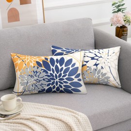 Upholstery Cover Navy Blue Yellow Autumn Cushion Covers 30 x 50 cm Cushion Covers Dahlia Autumn Cushion Cover Elegant Farmhouse Geometric Flower Cushion Cover Set of 2 Decorative Cushions for Living