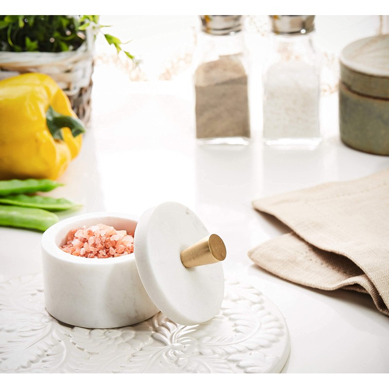 Queenza White Marble Salt Cellar with Lid and Brass Knob,