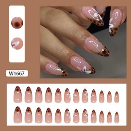 KQueenest Brown French Tip Press on Nails Almond Medium, Fake Nails with Leopard Design, White Flowers Pattern Full Cover Acrylic Nails Press ons, Coquette Cheetah Stick on Nails for Women 24 Pcs