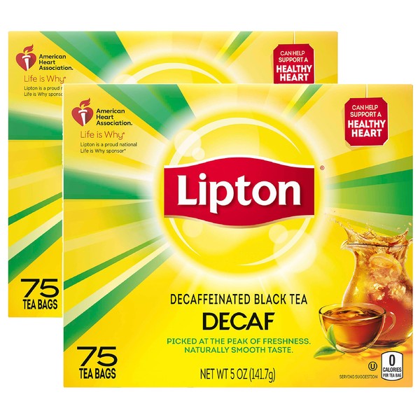 Lipton Decaffeinated Black Tea Bags, Can Support Heart Health, 75 Count (Pack of 2)