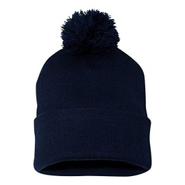 SNAP SKULL Knitted Cuffed Pom Pom Beanie Winter Cap Unisex Hat Solid Color Beanies (Navy)
