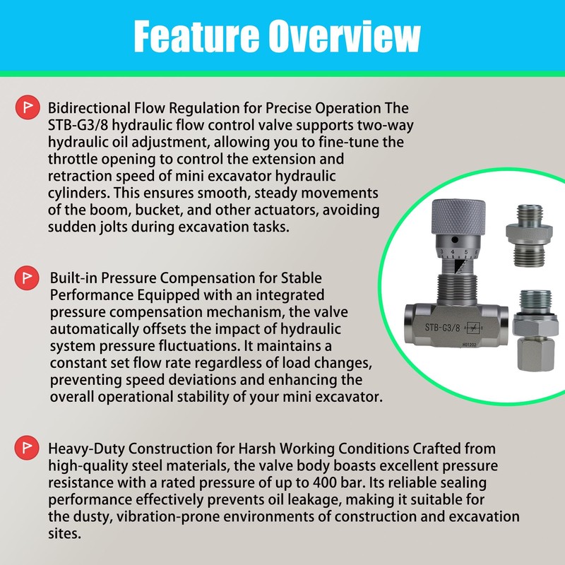 Hydraulic Adjustable Flow Control Valve Compatible with Mini Excavator Hydraulic