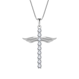 YIFSIY Cross Necklace for Women 925 Sterling Silver Angel Wings Necklace Pendant Round cut CZ White Gold Plated Jewelry for Her