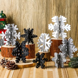 Wenqik 16 Pcs Winter Wooden Snowflake Decor Christmas Winter Snowflake Tabletop Decorations 3D Snowflake Table Signs Standing Centerpiece Tiered Tray Decorations for Party(White, Black, Silver)