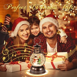 Christmas Snow Globes Lantern Musical,6H Timer Cylinder Glitter Snow Globe,Bronze Snow Globes Christmas with Music Box Including 8 Songs,Lantern with Xmas Tree Snowman Decor