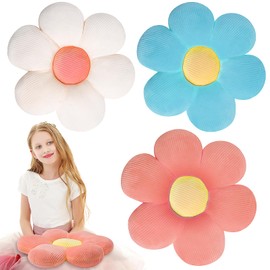 3 Pcs Flower Plush Throw Pillows, 15 Inch Flower Floor Pillow Daisy Shaped Cute Pillow Flower Seat Cushions for Adults Kids Home Bedroom Sofa Chair Couch Decor (White/Blue/Pink)