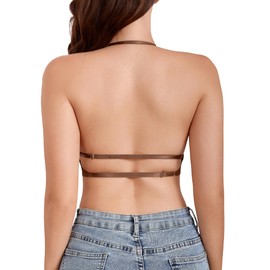 Seamless Low Back Bra Wireless Padded Bralette Thin Straps Comfort Halter Backless Bras Dark Coffee Large