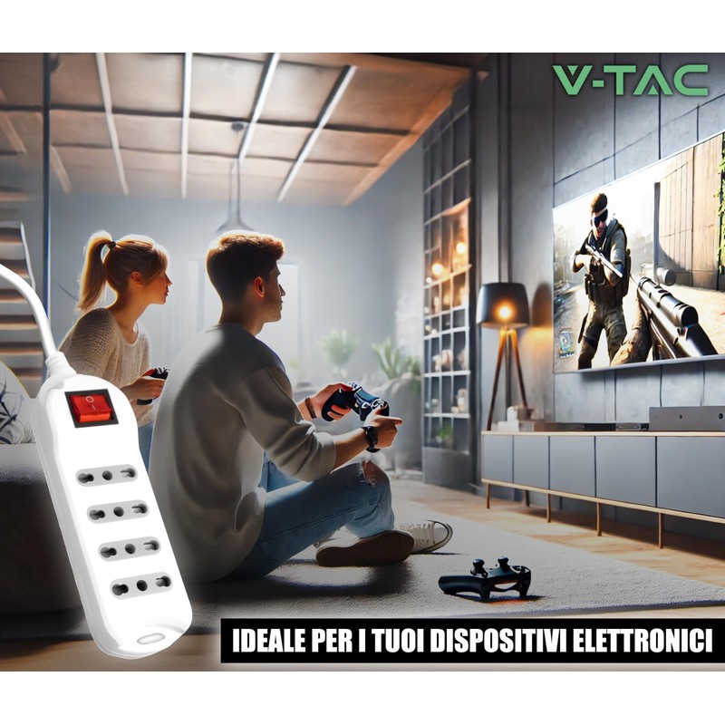V-TAC Power Strip with Switch and Cable of 1.5 Metres,