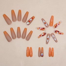 Fall Press on Nails Long Coffin Fake Nails Autumn False Nails with Designs Maple Leaf Glue on Nails Thanksgiving Acrylic Nails Full Cover Glossy Stick on Nails for Women Manicure 24Pcs